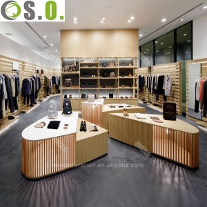 High end wooden menswear shop interior design mens garment store wall mounted display
