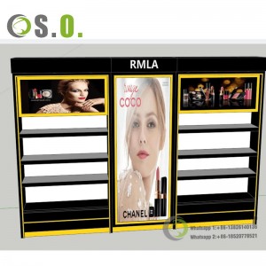 Custom Wooden Wall Cosmetic Shelves Display Cabinet And Makeup Display Wall Showcase For Retail Store