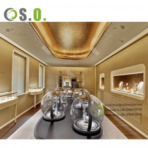 Pasmaak juwelierswinkel-binne-ontwerp ronde vierkantige hoek glas vertoonkas ornamente vertoonkas vir goudwinkel