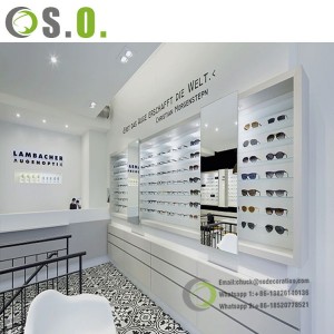 Muoti Optikko Sisustus Sisustus Räätälöity puinen aurinkolasiseinäkaappi Optikon silmälasien esittelykaappi