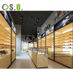 Wood slat Wall with Glass Shelf and LED Lighted Display Cabine for Eyewear Shop Display