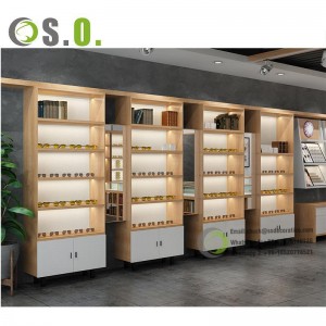 Wood slat Wall with Glass Shelf and LED Lighted Display Cabine for Eyewear Shop Display