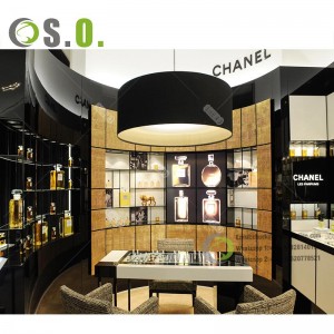 Raft i personalizuar për ekspozimin e parfumeve për dyqane për ekspozimin e butikut të kozmetikës Stand dyshemeje Stand për ekspozim kozmetik me drita
