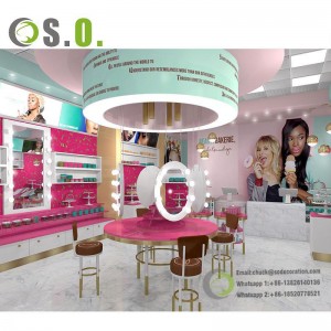 Fashion concept cosmetic shelves gold retail store cosmetic display rack with cabinet for shop customize logo size