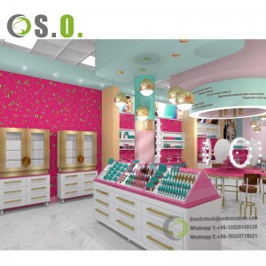 Fashion concept cosmetic shelves gold retail store cosmetic display rack with cabinet for shop customize logo size
