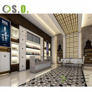 Hashamatli maxsus parfyumeriya vitrinasi butiklari uchun LED yoritgichli devor shkafi
