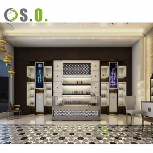 Luxury Custom Perfume Showcase Shelving Boutique Cosmetic Display Wall Cabinet ine LED Mwenje.
