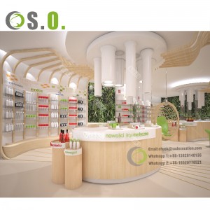 Diseño de decoración de diseño interior de tienda médica de farmacia moderna, muebles de estantes de exhibición de mostrador de efectivo personalizados
