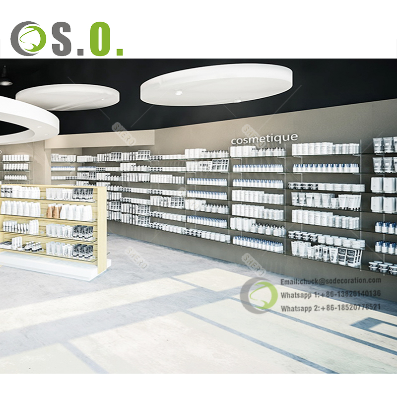 Customized Retail Pharmacy Thepa ea ka tlung Display Counter Pharmacy Shelves Display Rack Shero