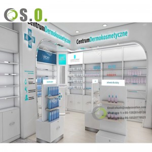 Šiuolaikinės medicinos parduotuvės interjero išplanavimas Vaistinės parduotuvės Kasos skaitiklio vitrinos baldų dizainas