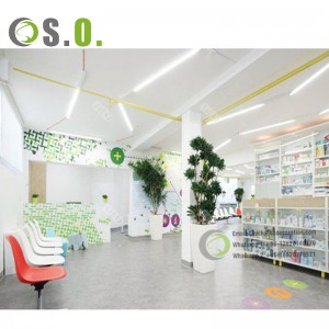 I-OEM Drugstore Interior Design Retail Wooden Pharmacy Shop Counter Design Isitolo Sezokwelapha Ifenisha