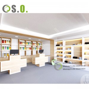 Estantes de madeira de farmacia Tenda Estantes de exhibición interiores Mobles Novo deseño de mostrador de tendas médicas para farmacia