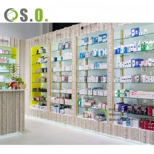 Apotekhylder i træ Butik Interiør Udstillingsstativer Møbler Nyt medicinsk butiksdiskdesign til apotek