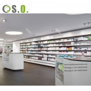 E0 Plywood Pharmacy Shelves Medical Shop Racks Drugstore ማሳያ የካቢኔ ፋርማሲ ሱቅ የቤት እቃዎች ዲዛይን ቆጣሪ