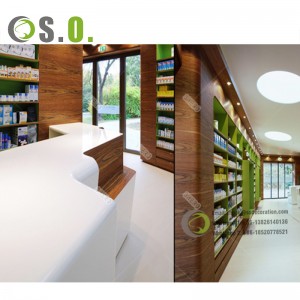 Naujos vaistinių lentynos Sveikatos parduotuvės sieniniai stovai Stiklinės lentynos vaistinės baldų demonstravimui