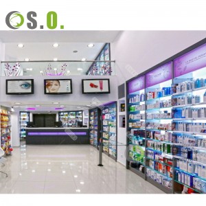 Perakende Eczane Dekorasyonu Özelleştirilmiş Tıbbi Eczane Mağazası Eczane Mağazası Ekranı için Cam Ahşap Mobilya Rafları Dolabı