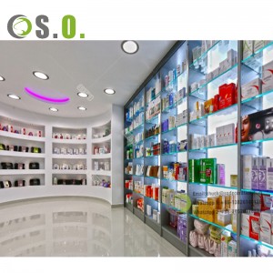 2023 Shero Retail Drogebuttek Dekoratioun Medizinesch Cabinet Drogegeschäft Holz Farmacia Shop Display Regaler Miwwel Apdikt Regaler