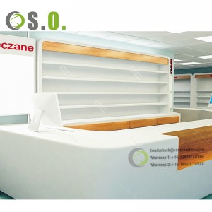 2024 Pharmacy shop furniture design wooden cash counter and unique phamacy shelf for sale