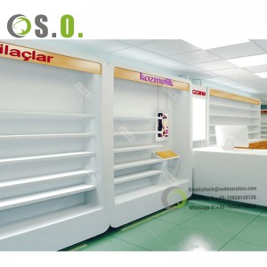 2024 Pharmacy shop furniture design wooden cash counter and unique phamacy shelf for sale