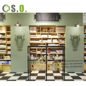 Ụlọ ahịa ụlọ ahịa PLYwood Pharmacy Shelves Ngosipụta ime ụlọ Racks Furniture Medical Store Counter Design for Pharmacy