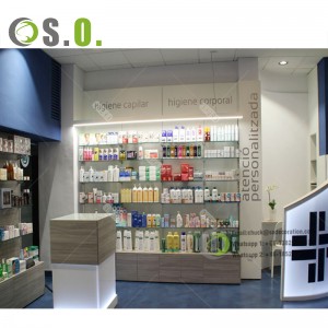 Retail medical store counter medical shop racks pharmacy shelving wall mounted pharmacy display cabinet for drugstore