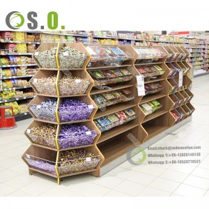 Supermarket wooden retail shelving display shop shelves snacks grocery display convenience store multilevel rack