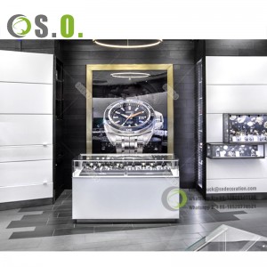 Luxury wall mount watch display showcase glass watch ຕູ້ສະແດງໂມງສໍາລັບການຕົກແຕ່ງຮ້ານໂມງ