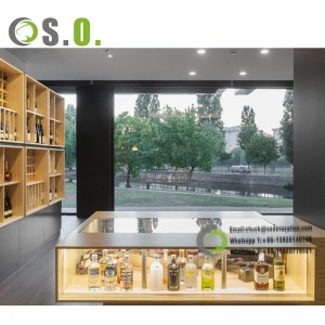 Design moderno del bancone del negozio in legno per il negozio di vini, armadietto del vino, vetrina per esposizione di liquori, scaffale per vino in legno