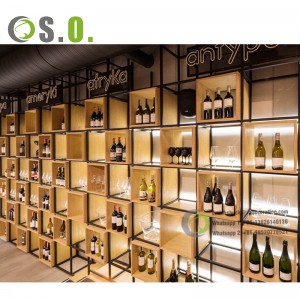 Design 3D gratuito Espositore per vino in legno di alta qualità Espositore per vino personalizzato Scaffalature per esposizione di negozi di liquori per negozi