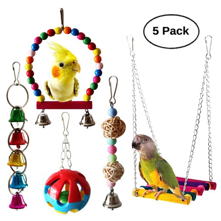 5pcs Pet Bird Parrot Climb Chew Toys Hanging Cockatiel Parakeet Swing Cage Birds Toys With Bell