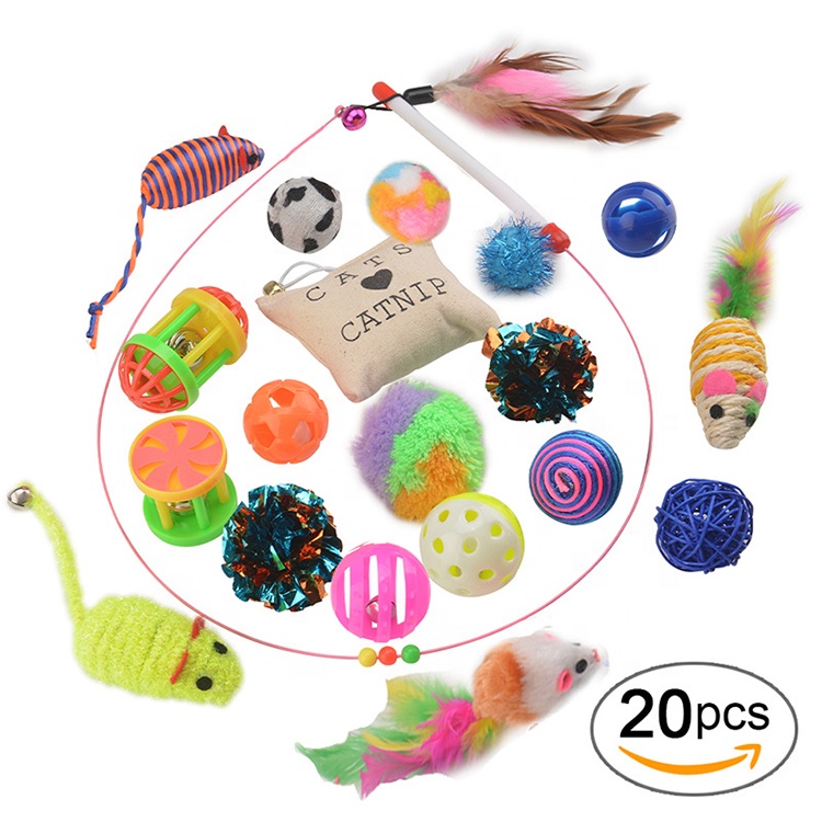 20 packs Interactive Feather Cat Teaser Toys Cat Play Wand Crazy Teaser Toy With Bell Featured Image