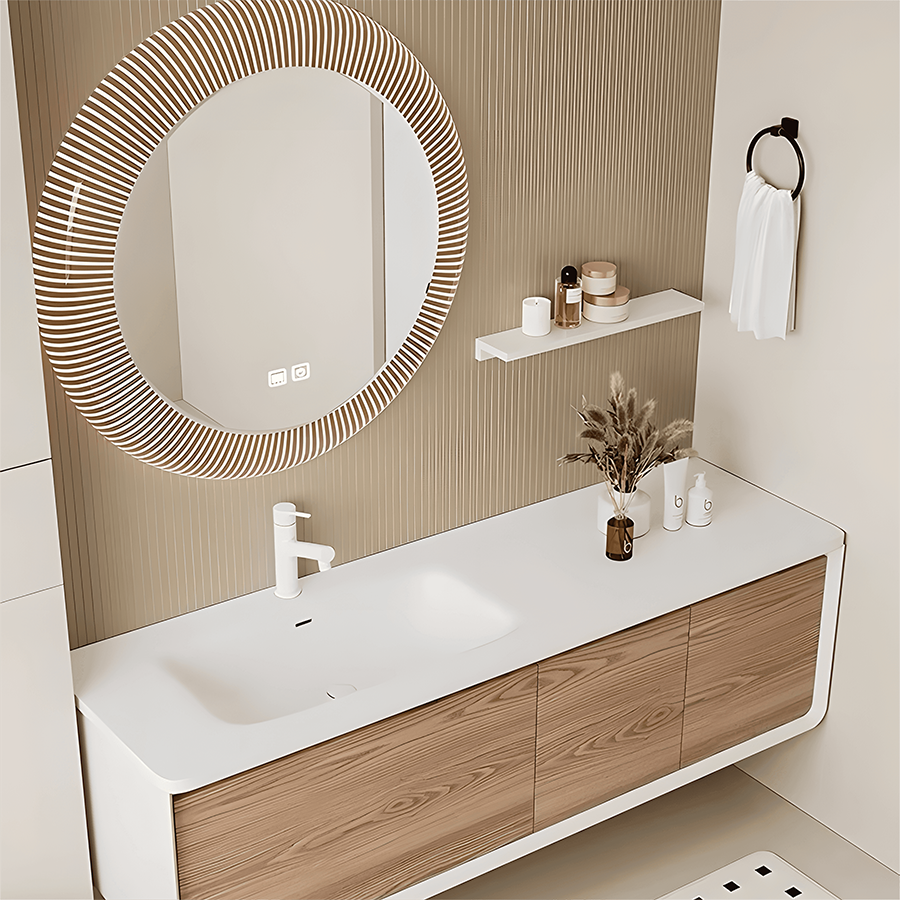 New style High Grade  bathroom vanity plywood bathroom cabinet with slab basin with LED mirror bathroom vanity lighting