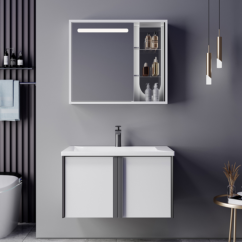 Vanité de salle de bains en contreplaqué, nouveau design, avec lavabo en céramique sans couture, capteur de corps, armoire de miroir LED