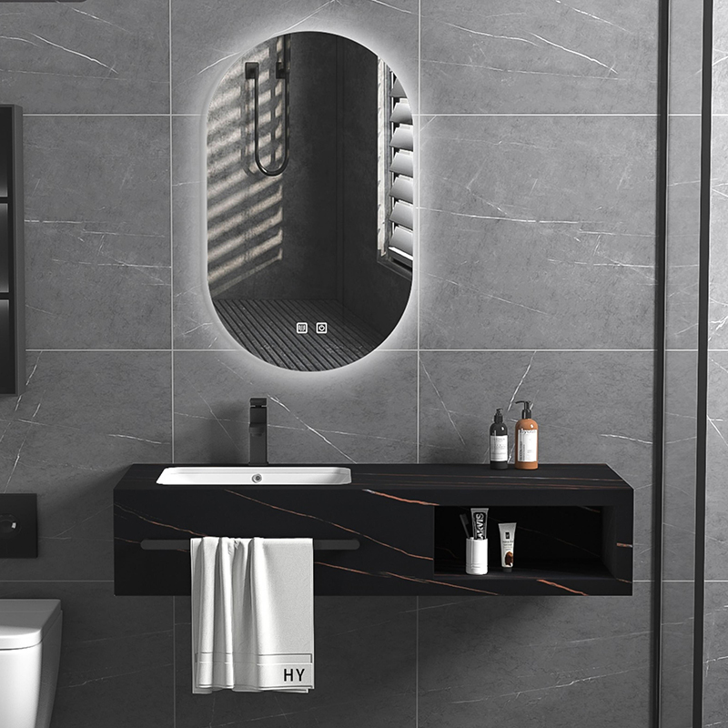 Novo tocador de baño de lousa de roca con acabado mate con lavabo de cerámica con espello LED, armario de baño de mármore con estante para toallas