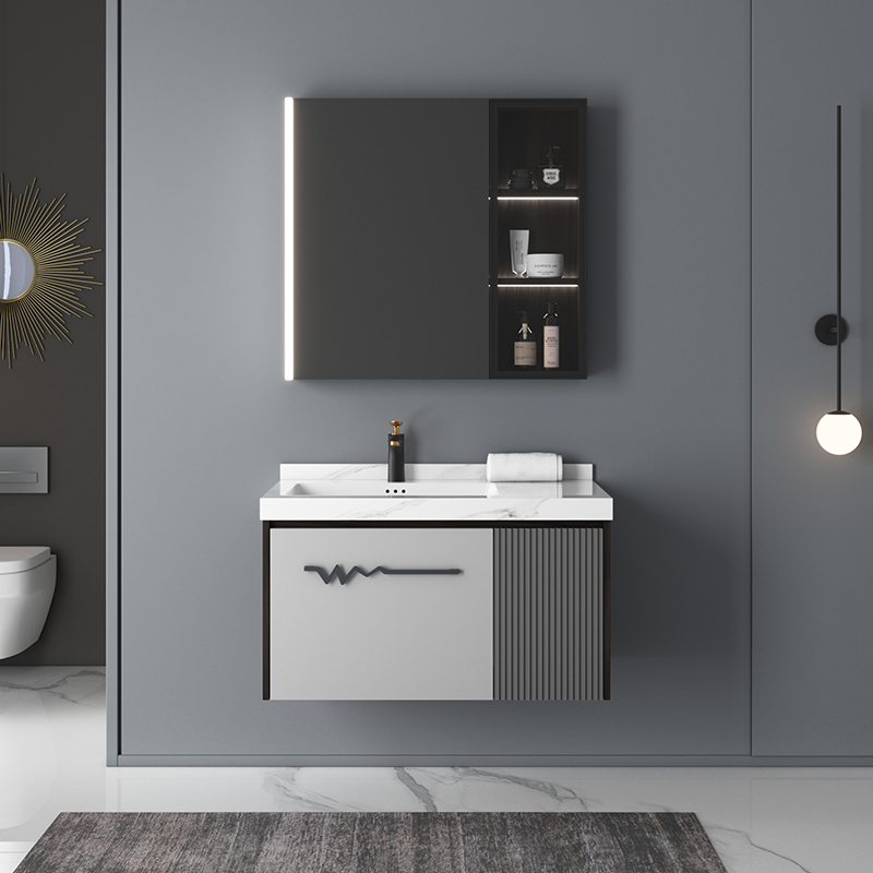 Simple and advanced bathroom cabinets and vanities with backlight mirror and rock slate basin floating bathroom cabinets