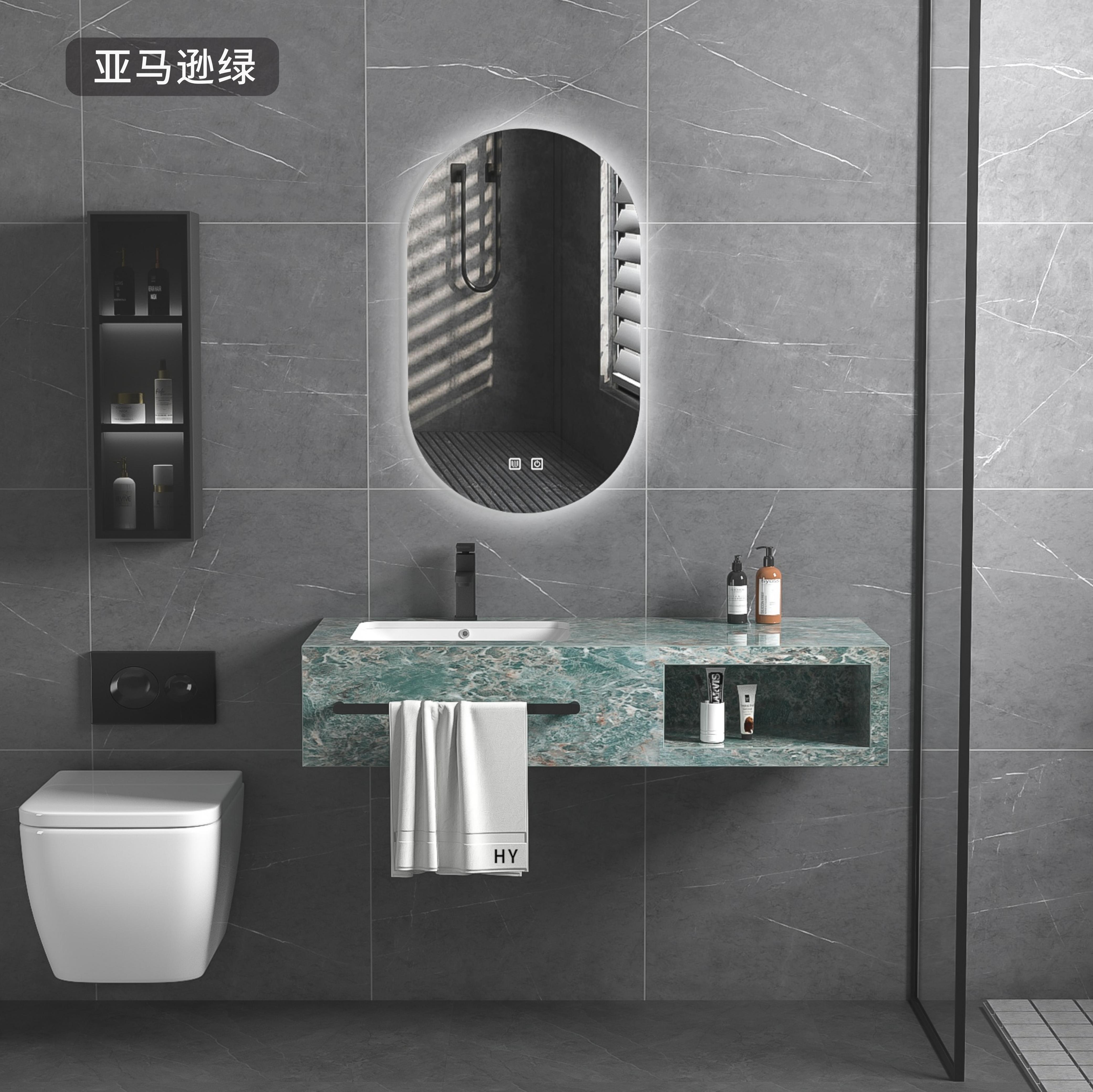 Naujo dizaino akmens skalūno vonios spintelė su LED veidrodžiu ir keraminė prabangi akmens skalūno vonios kambario spintelė su rankšluosčių lentyna