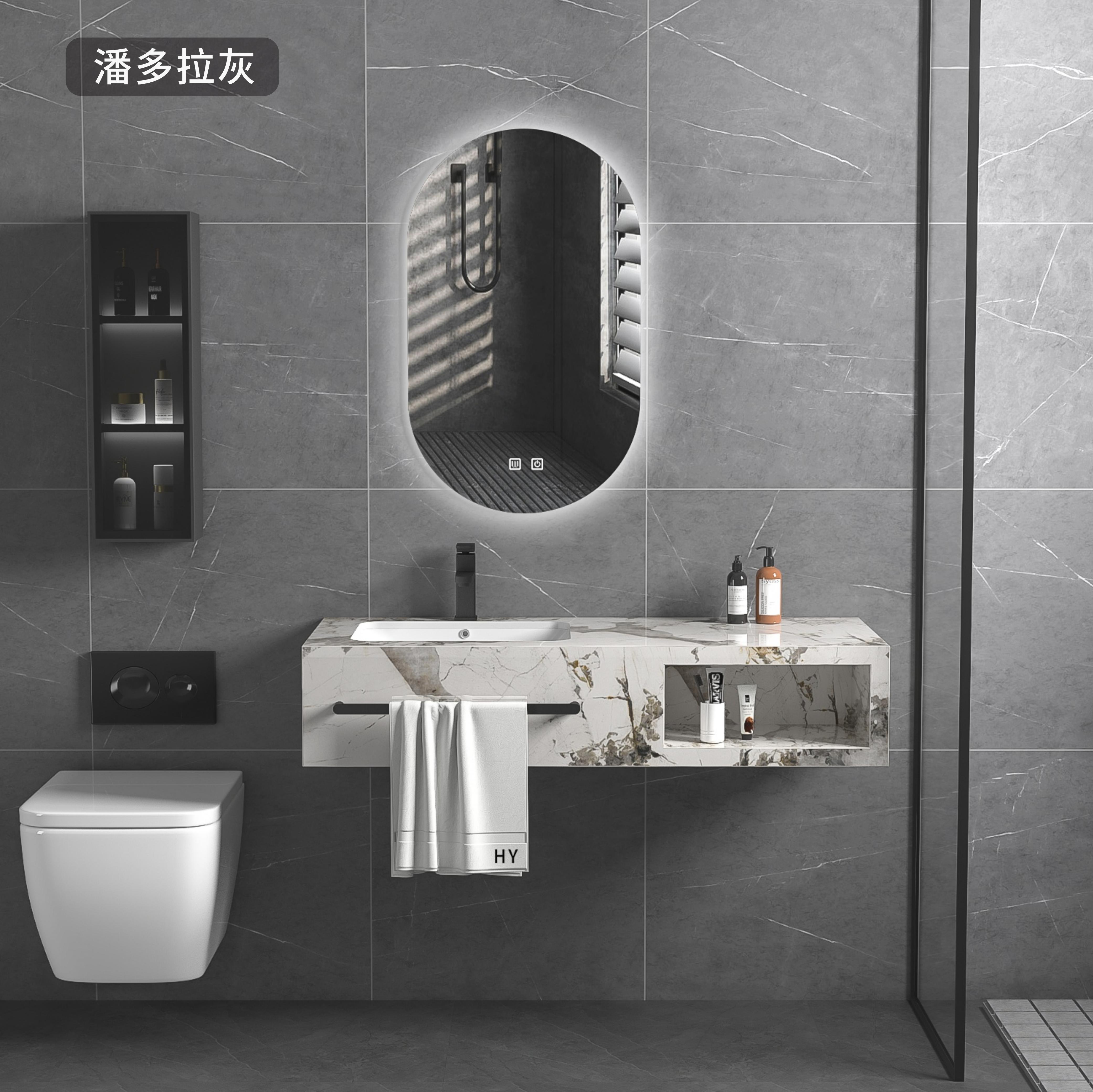 Kapacitet banjosh prej mermeri luksoz me pasqyrë LED, dizajn i ri për banjo me pllaka guri, me legen qeramike dhe raft peshqiri