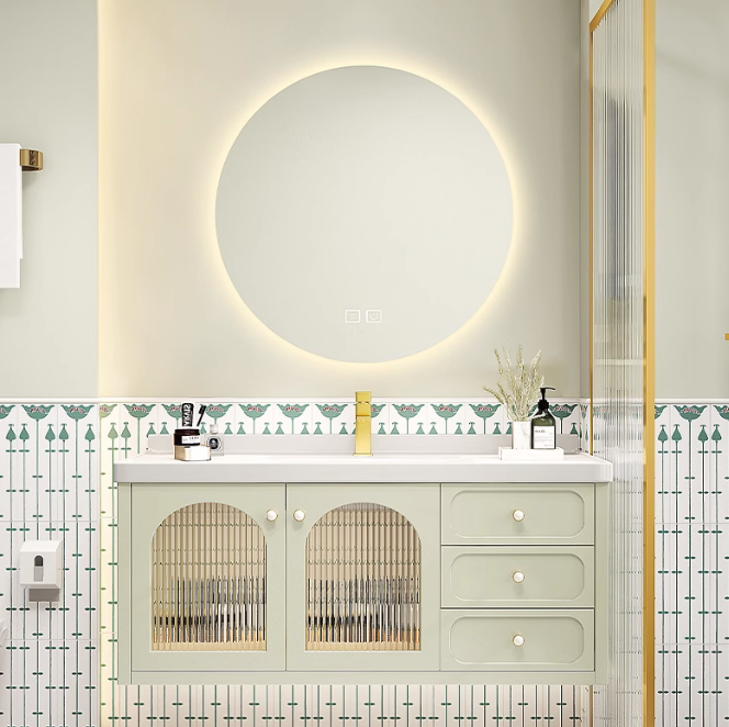 Didmeninė pigi fanerinė vonios kambario spintelė su keraminiu praustuvu vonios spintelė su kūno jutikliu LED veidrodžiu