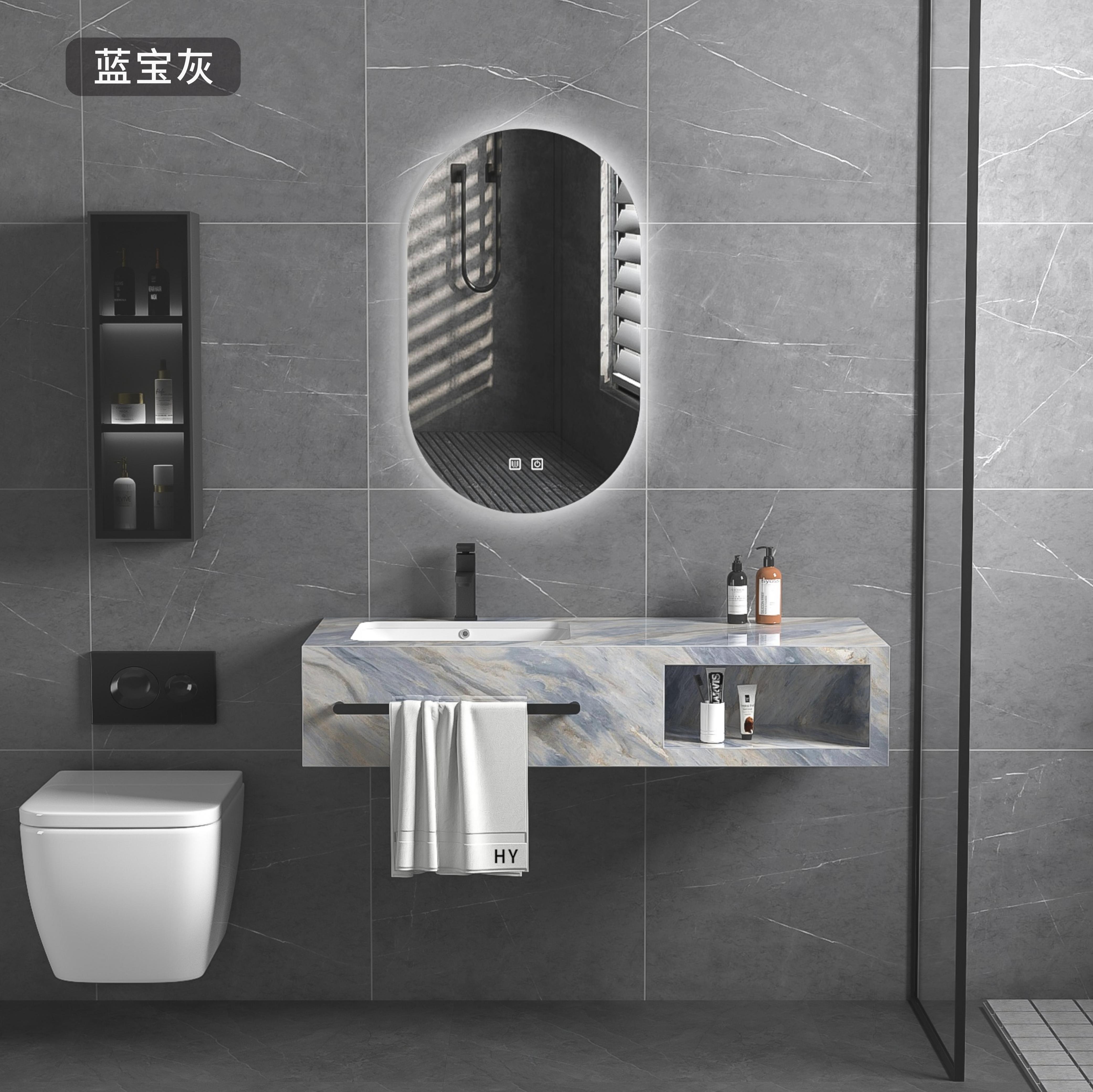 Factory price rock slate bathroom cabinet with towel shelf rock slate bathroom vanity cabinet with LED mirror and ceramic basin