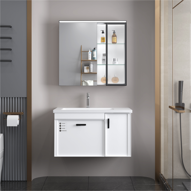 Luxury plywood bathroom vanity cabinet with ceramic basin bathroom vanity with body sensor LED mirror cabinet