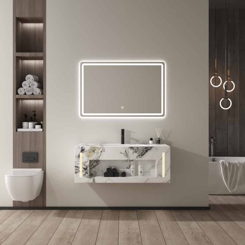 Free Shipping Rock Slate bathroom vanity with seamless basin and LED mirror hotel bathroom cabinet