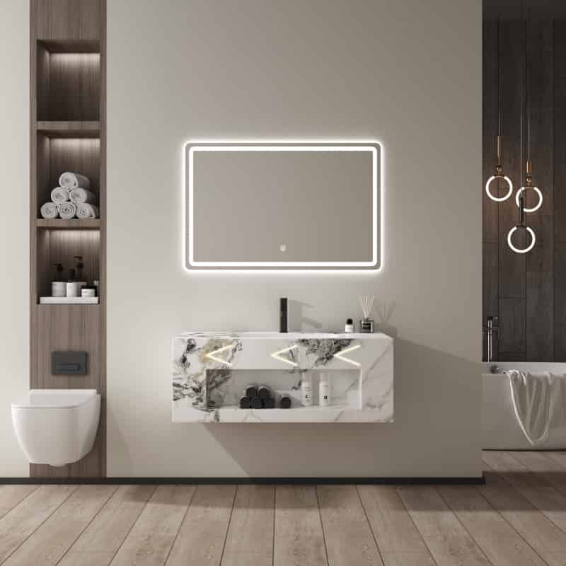 Markdown Sale Rock Slate Bezešvá koupelnová skříňka s LED osvětlením a bezešvým umyvadlem