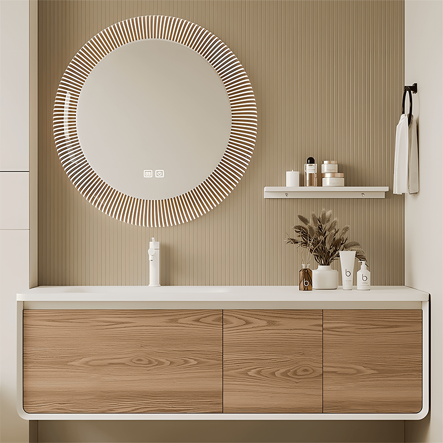 New style High Grade  bathroom vanity plywood bathroom cabinet with slab basin with LED mirror bathroom vanity lighting