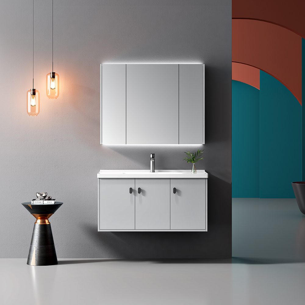 Modern design pvc bathroom cabinet with sensor LED light and ceramic basin cabinet single sink mirror bathroom vanity