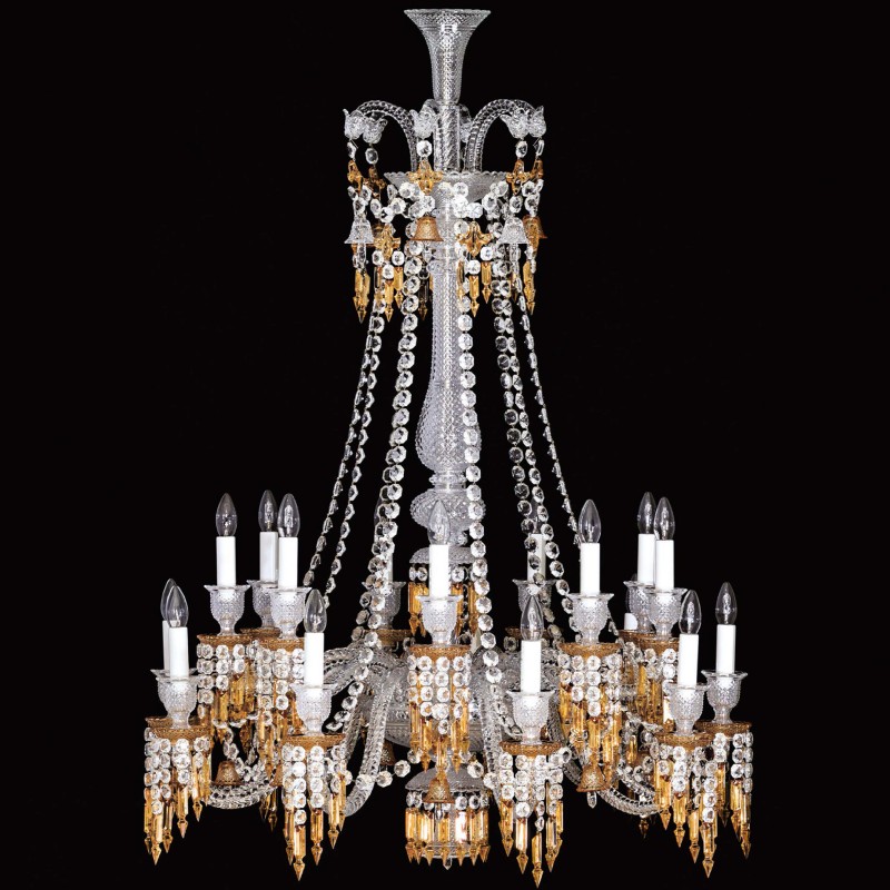 Długi 18-lampowy żyrandol kryształowy z bursztynu Baccarat