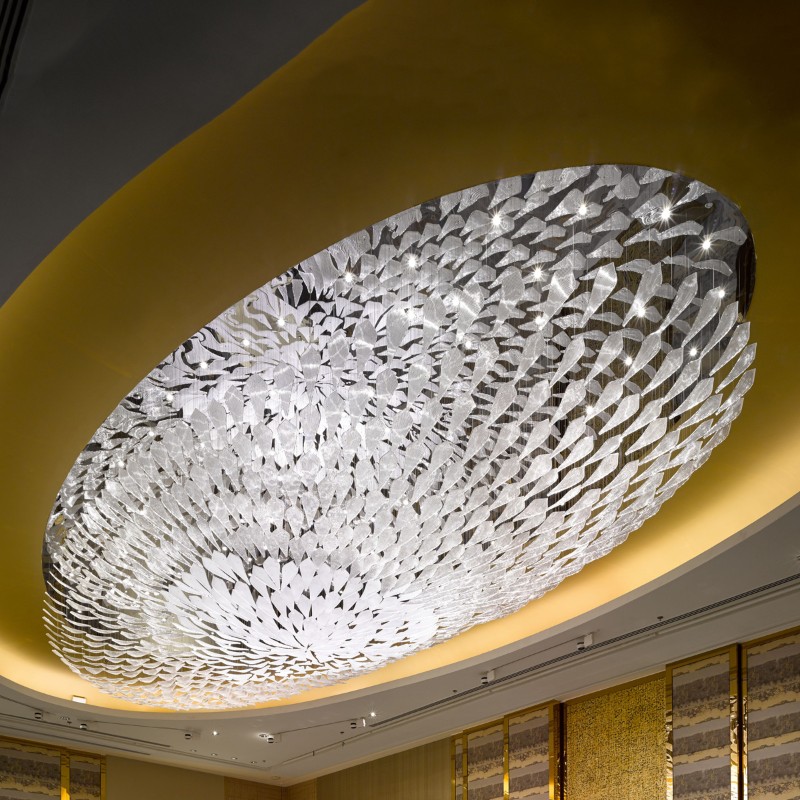 Grande lampadario di vetru ovale à incasso per lobby di l'hotel
