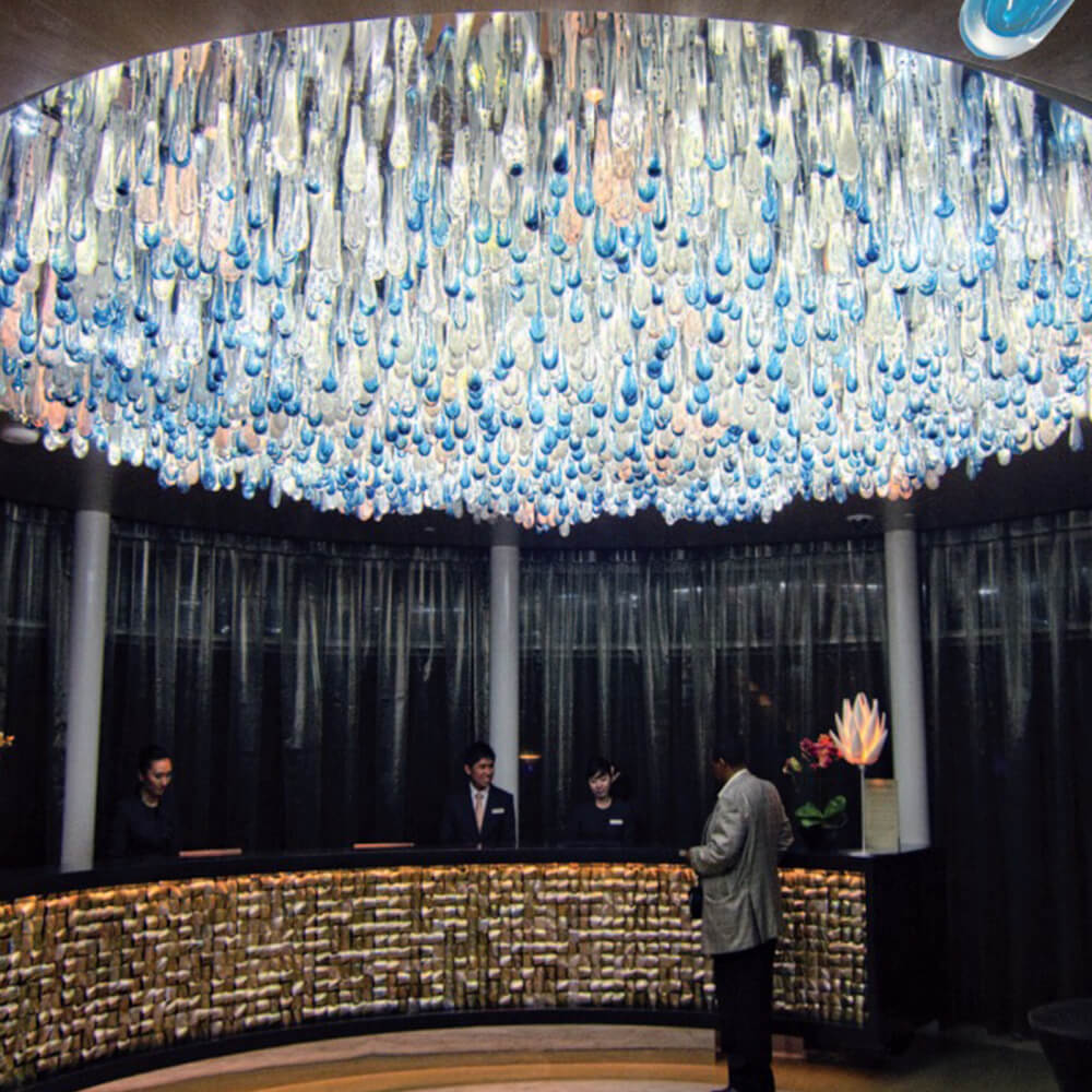 Extra Large Round Flush Mounted Blue Glass Chandelier for Hotel Reception