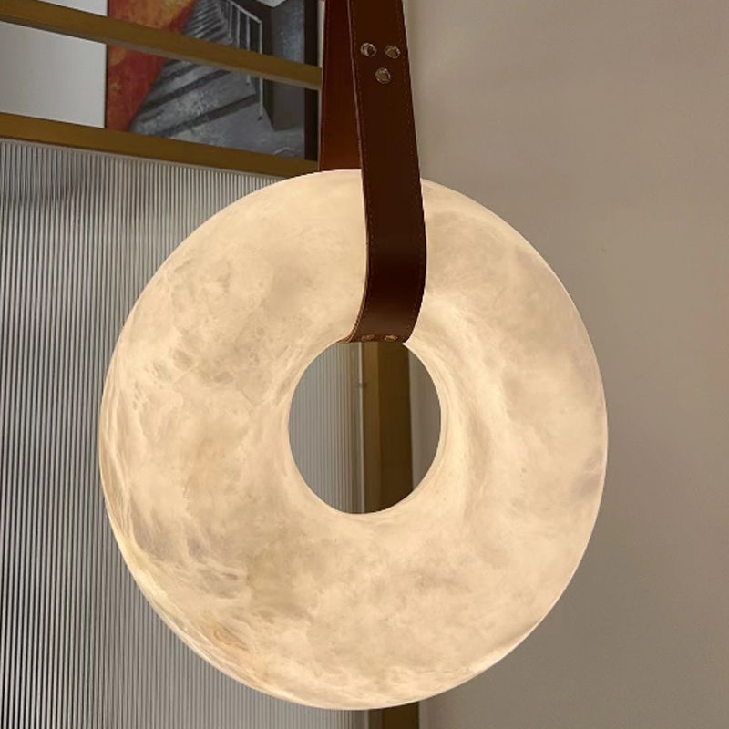 12 Inch Single Ring Alabaster Pendant Light Suspended by Leather