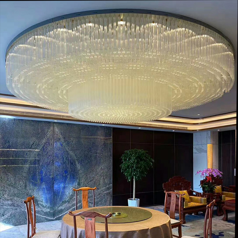 Lustre de teto de vidro redondo de 3 camadas feito sob medida Lustre extra grande de montagem embutida no lobby