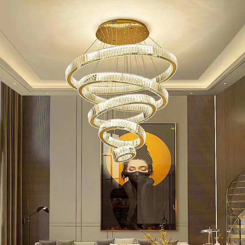 Five Rings Suspended Crystal Chandelier Big Modern Chandelier for High Ceilings